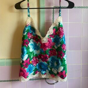 Vtg Victoria’s Secret gold label colorful floral lace slip tank